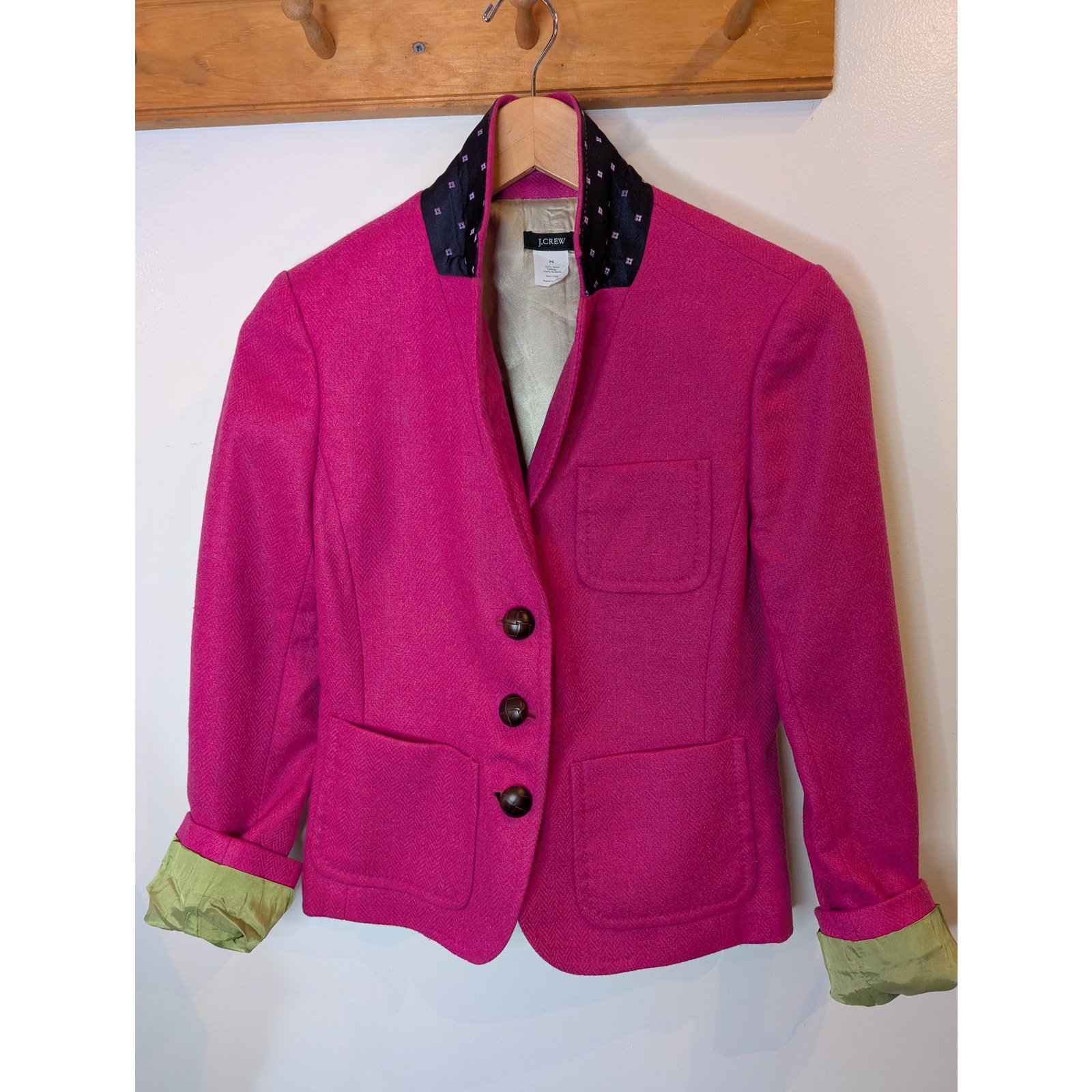 J.Crew Petite Pink Wool Herringbone Blazer Lime Lining Preppy Colorful P6
